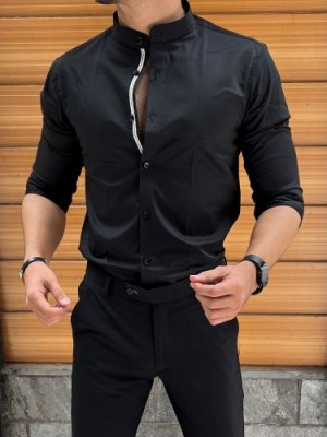           Chinese Collar Satin Black Shirt