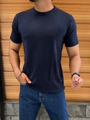                                                                                                               Knitted Round neck Navy Halfsleeves Tshirt