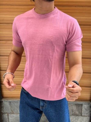                                                                                                               Knitted Round neck Pink Halfsleeves Tshirt