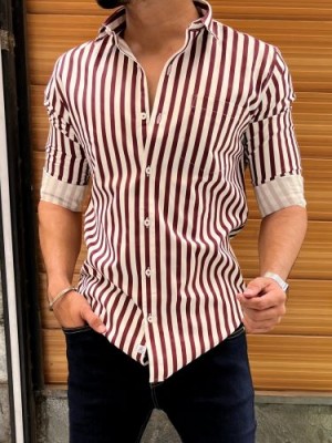                                                                                              Vertical Bold Striper Maroon Fullsleeves Shirt