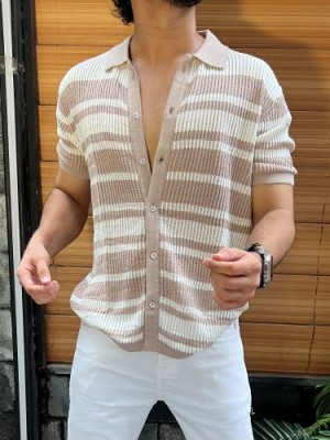                                                                                                                                      Horizontal Knitted Beige Half sleeves shirt