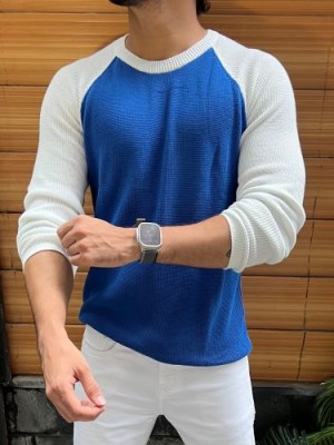                                                                                                                          Contrast Raglan Knit Fullsleeves Blue Tshirt