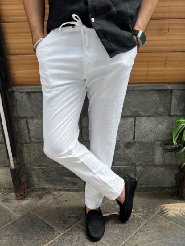                                                                                                                      Elastic Waist White Linen Pant