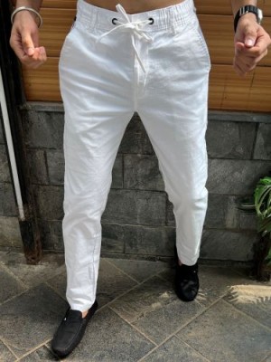                                                                                                                      Elastic Waist White Linen Pant