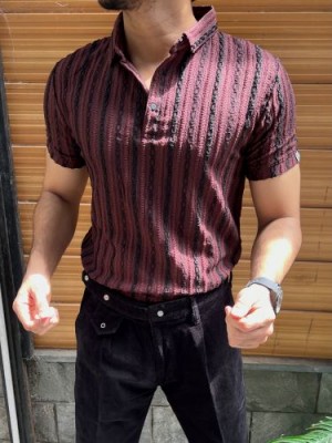                                                                                                                                                                                  Imported Self striper Maroon Collar Tshirt