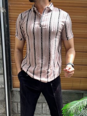                                                                                                                                                                               Imported Self striper Peach Collar Tshirt