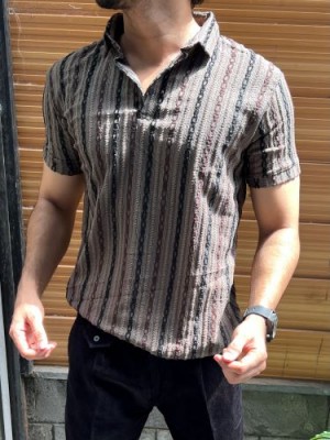                                                                                                                                                                          Imported Self striper Brown Collar Tshirt