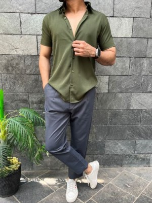                                                                                                                                                                                                                      Imported Textured Olive Half Shirt