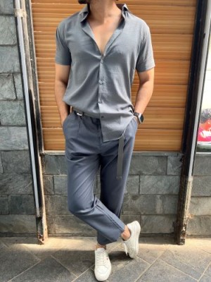                                                                                                                                                                                                                      Imported Textured Dark Grey Half Shirt