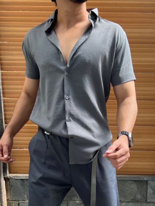                                                                                                                                                                                                                      Imported Textured Dark Grey Half Shirt